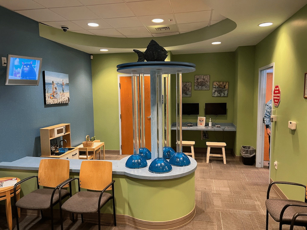 PrestonCornersPDOffice2 The modern and child-friendly reception area of Preston Corners Pediatric Dentistry in Cary, NC.